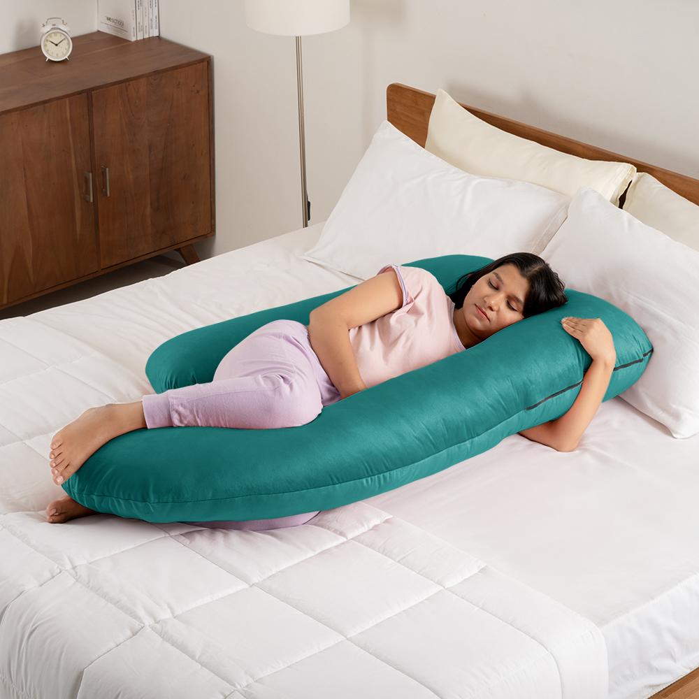 Maternity Pillow for Pregnancy Support | J Shape | Super Soft & Machine Washable Velvet Cover | Peacock Green