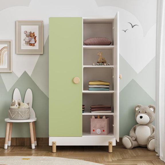 Glori Kids Wardrobe | (60x30 inch) | (Frosty White and Mellow Green) | 2-Shutter Engineered Wood Almirah & Cupboard for Kids Clothes | Toys & Storage