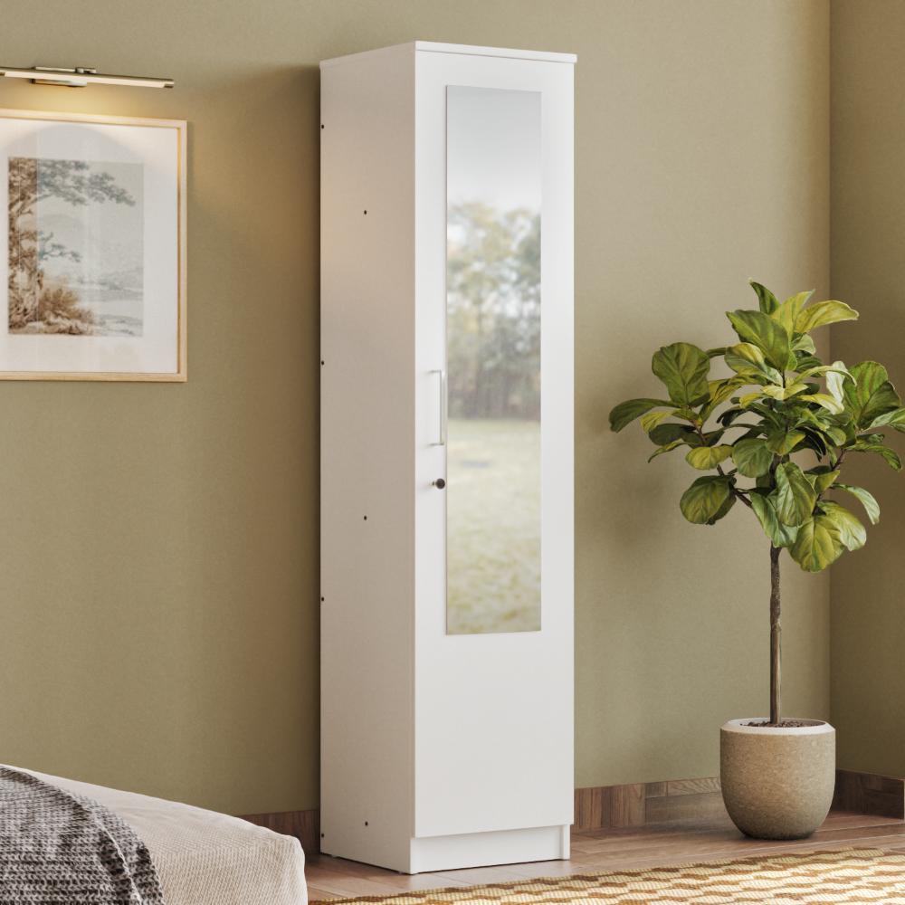 Hunor 1 Door Wardrobe with Mirror and Shelves | (Frosty White)