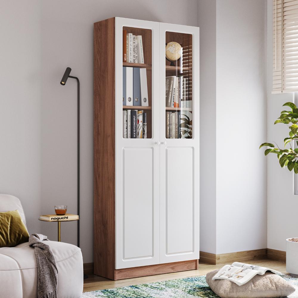 Huxley 6 Big Shelves Bookshelf - Glass + Wood Shutter - Columbian walnut carcass + White shutters