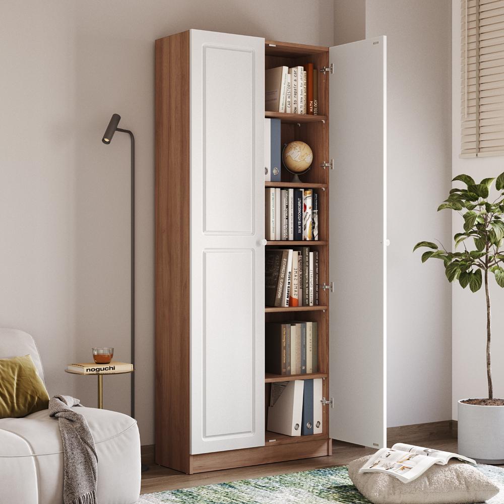 Huxley 6 Big Shelves Bookshelf - Wood Shutter + Wood Shutter - Columbian walnut carcass + White shutters