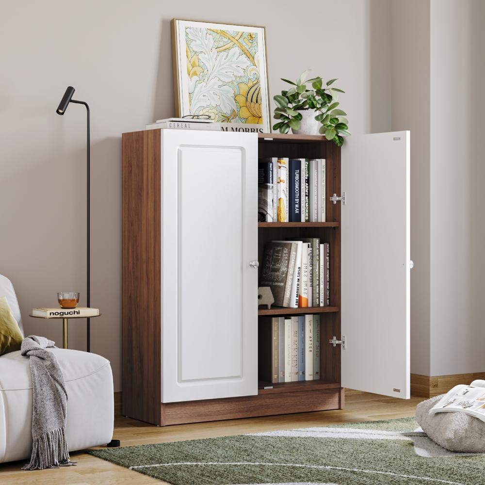Wakefit Huxley 3-Big Shelves Bookshelf - Wood Shutter - Columbian walnut carcass + White shutters