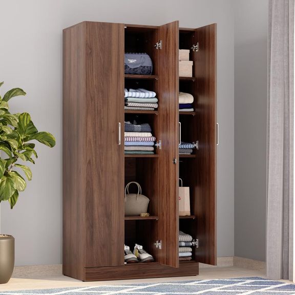 Twill 3 Door Compact Wardrobe without Drawer & Mirror | No Hanging Area | (Columbia Walnut)