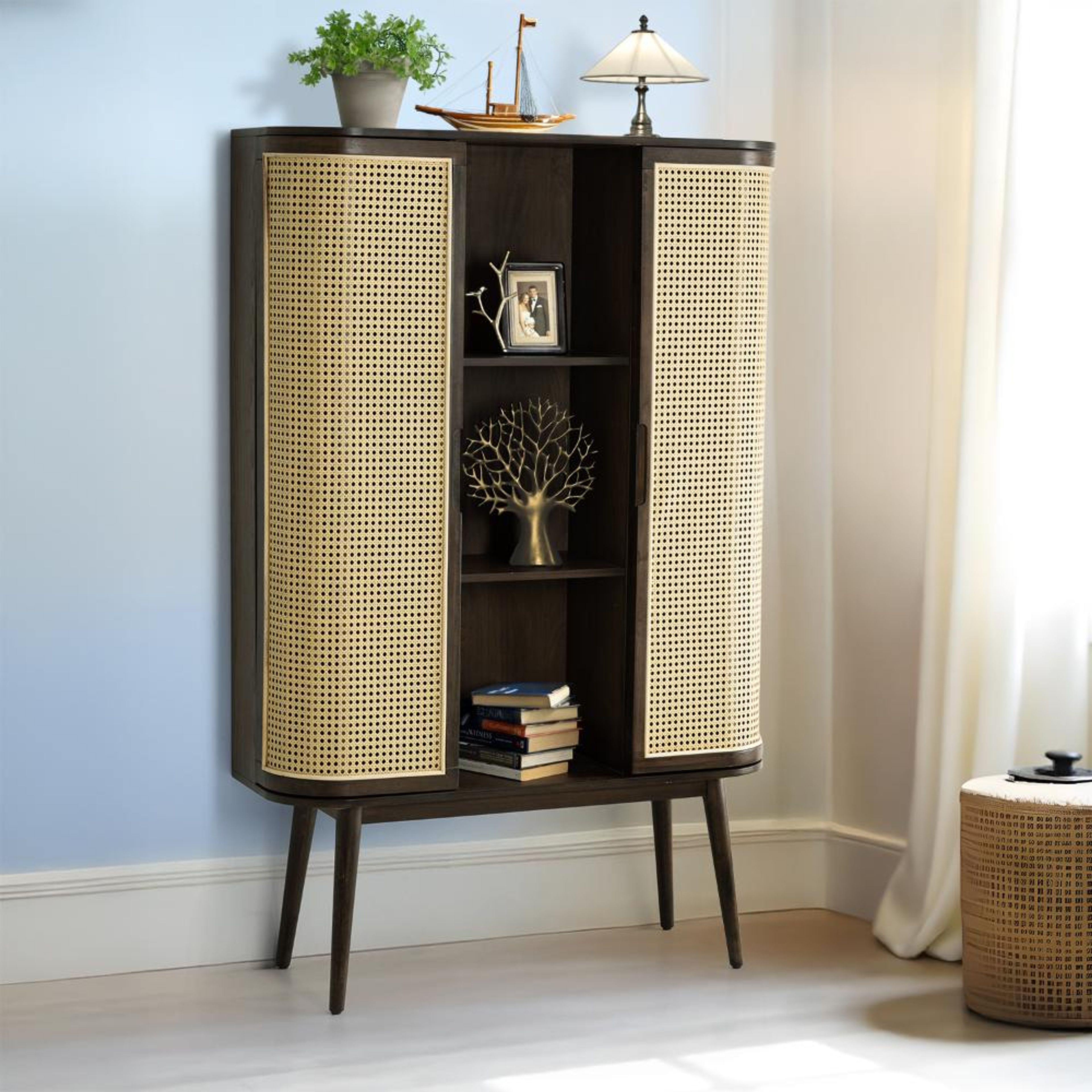 Wooden display unit with open and closed shelves