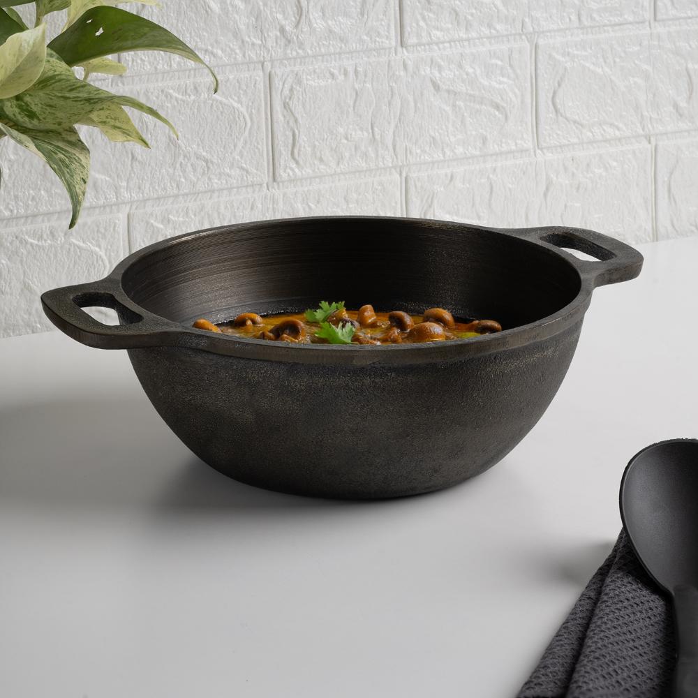 Cast Iron Extra Deep Kadai | Naturally Nonstick | 4 Liters | 25.4 cm | For Gas & Induction | Flat Base