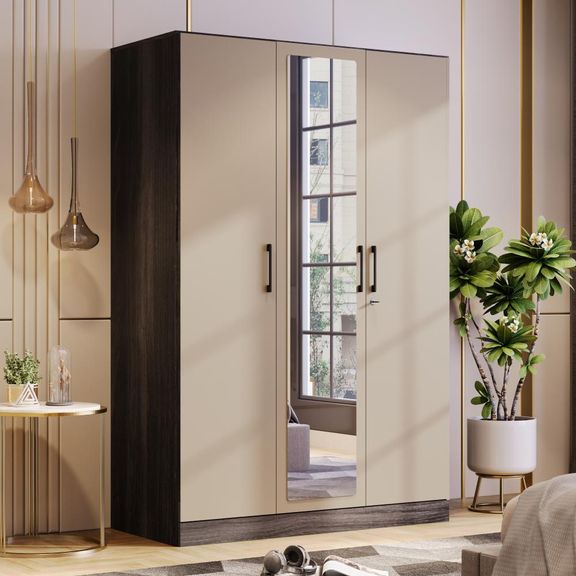 Cashmere Plus 3 Door Wardrobe with 4 Shelves, 2 Drawers, Mirror & 2 Hanging Areas | (Wyoming Maple & Frappe)