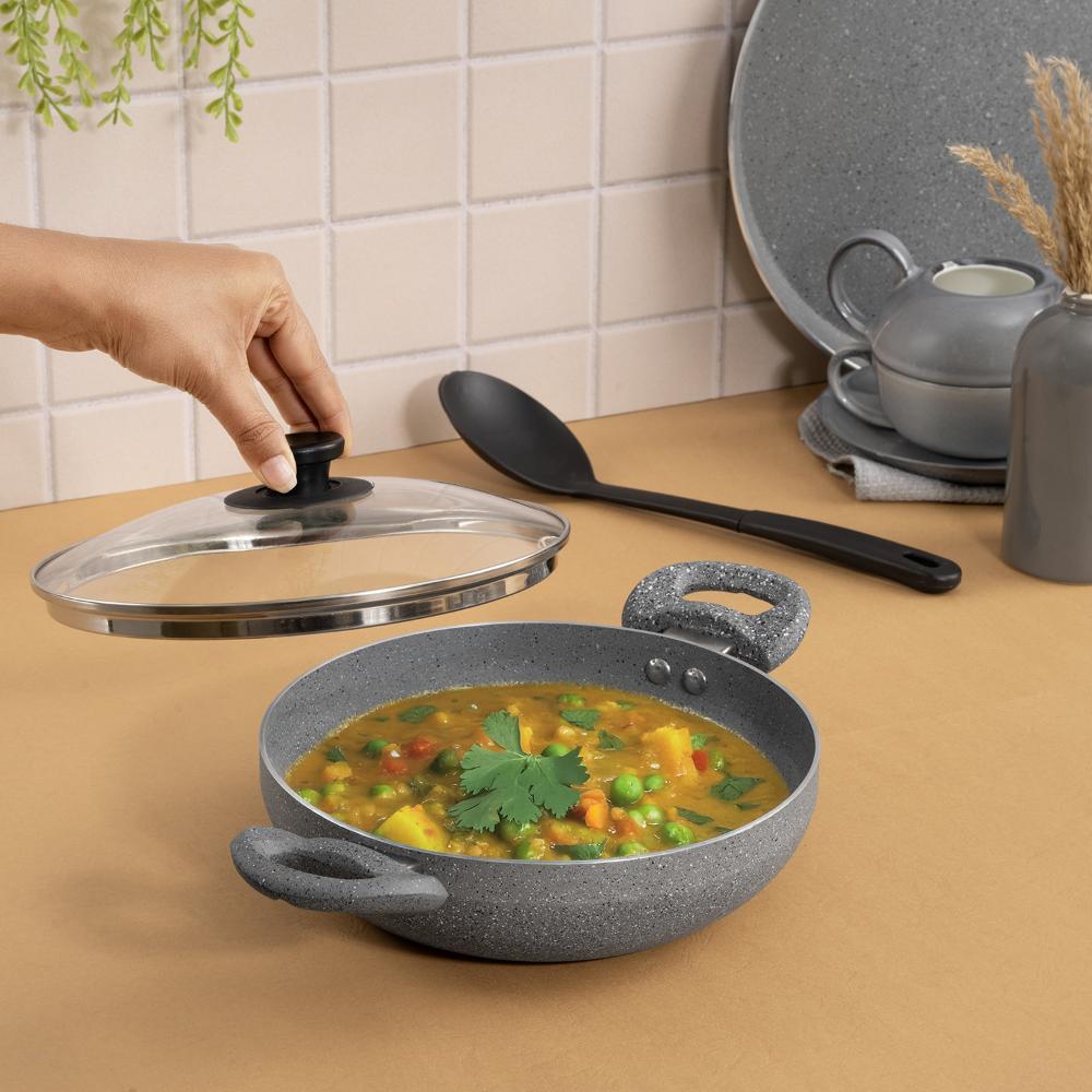 Advanced 5 layer Non-Stick Kadai with Glass Lid | 22 cm | 3 mm thick | PFOA & PTFE Free | Gas & Induction Compatible | Durable & Metal Spoon Friendly | Soft Touch Handle | Free Spoon | Culantro | Blue