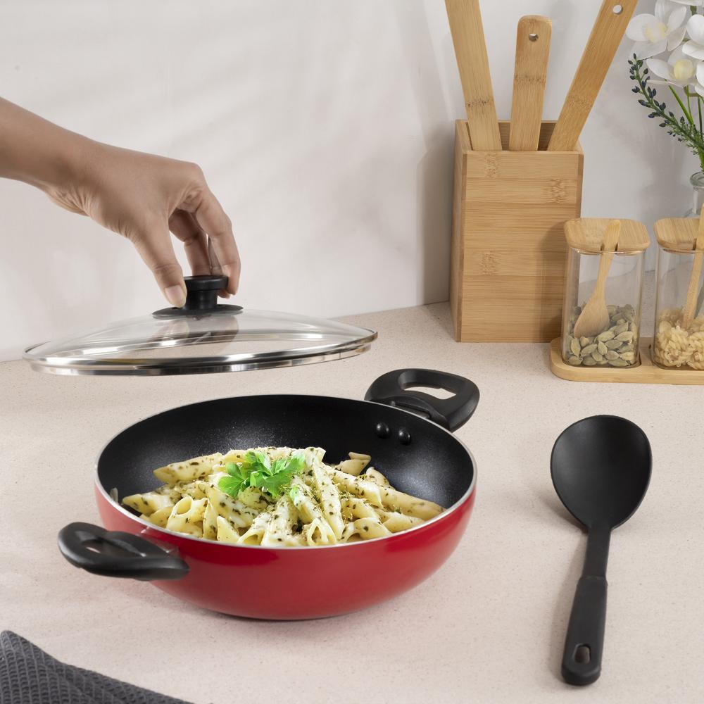 Advanced 5 layer Non-Stick Kadai with Glass Lid | 24 cm | 2.6 mm thick | PFOA & PTFE Free | Gas Compatible | Highly durable & Metal Spoon Friendly | Sturdy Handle | Free Spoon | Culantro | Red & Black
