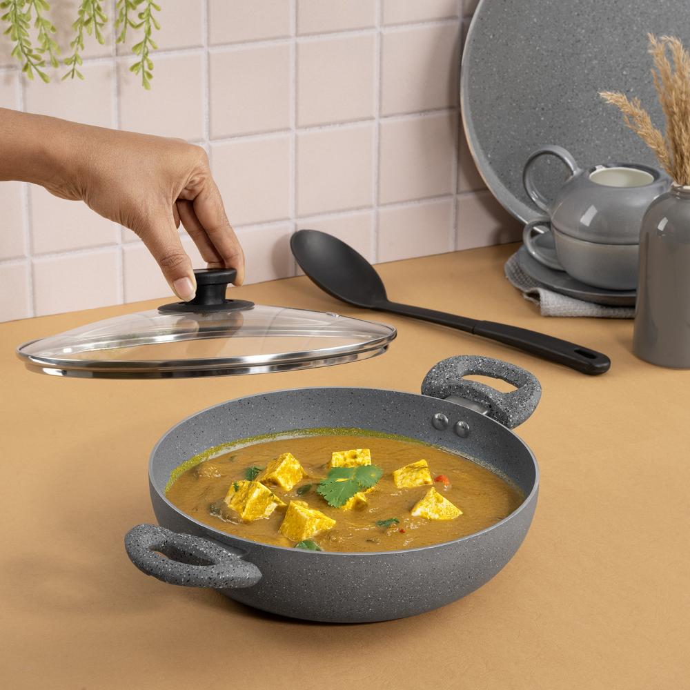 Advanced 5 layer Non-Stick Kadai with Glass Lid | 24 cm | 3 mm thick | PFOA & PTFE Free | Gas & Induction Compatible | Durable & Metal Spoon Friendly | Soft Touch Handle | Free Spoon | Culantro | Blue
