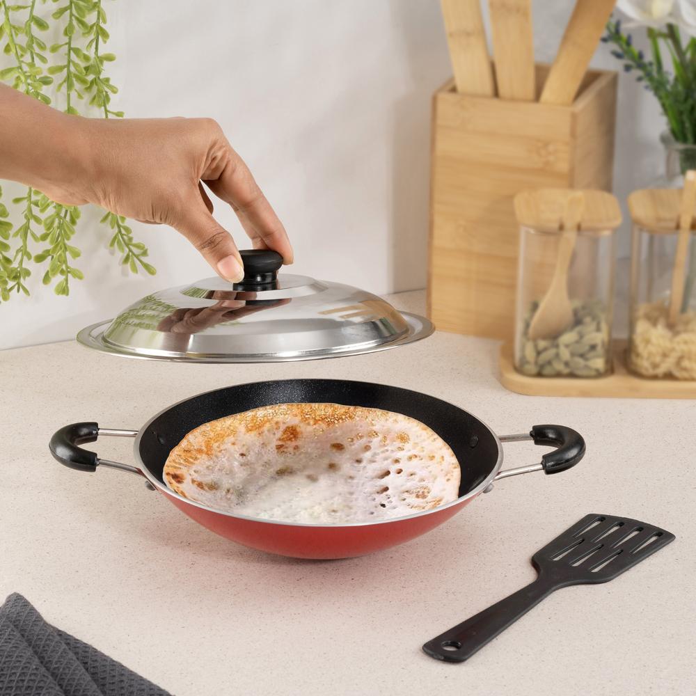 Advanced 5 layerNon-Stick Appachetty with lid | 20 cm | 2.6 mm thick | PFOA & PTFE Free | Gas compatible | Highly durable & Metal Spoon Friendly | Free Spatula | Mahleb | Red & Black