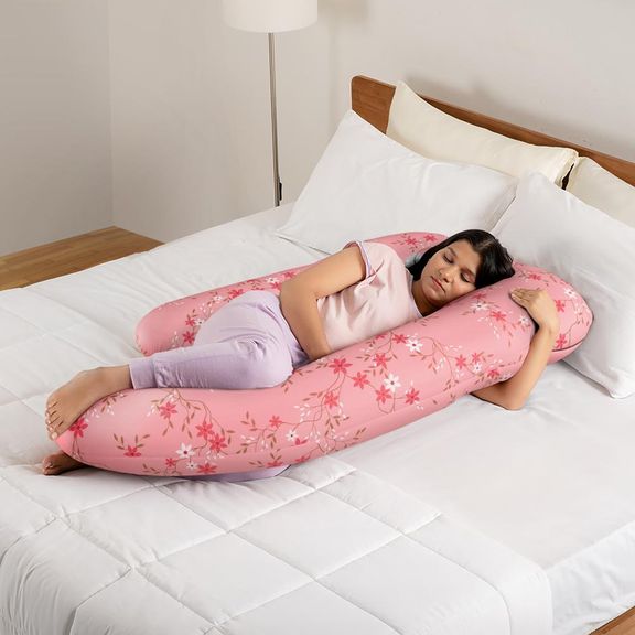 Maternity Pillow for Pregnancy Support | G Shape | 100% Cotton & Machine Washable Cover | Sakura Pink