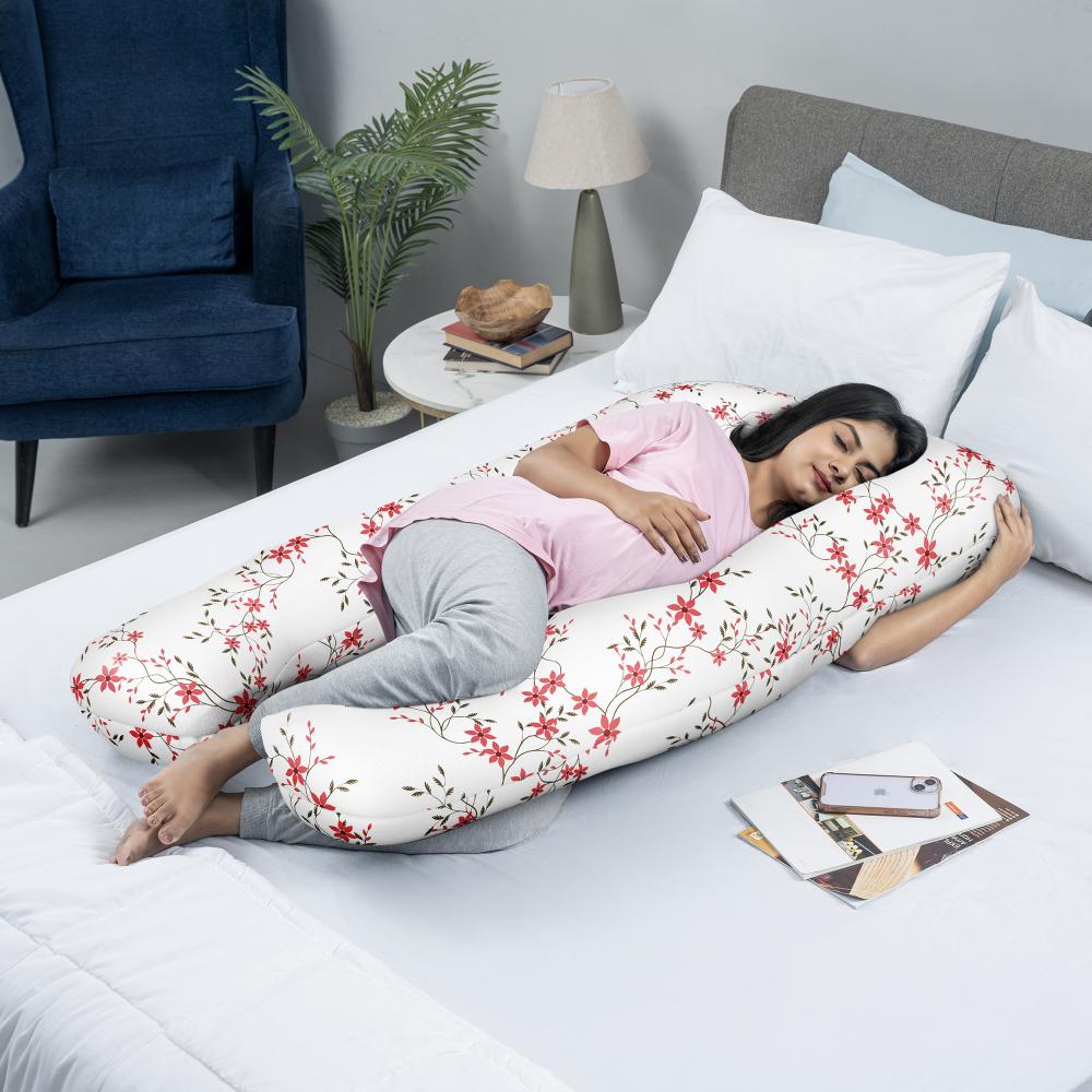 Maternity Pillow for Pregnancy Support | U Shape | 100% Cotton & Machine Washable Cover | Sakura white