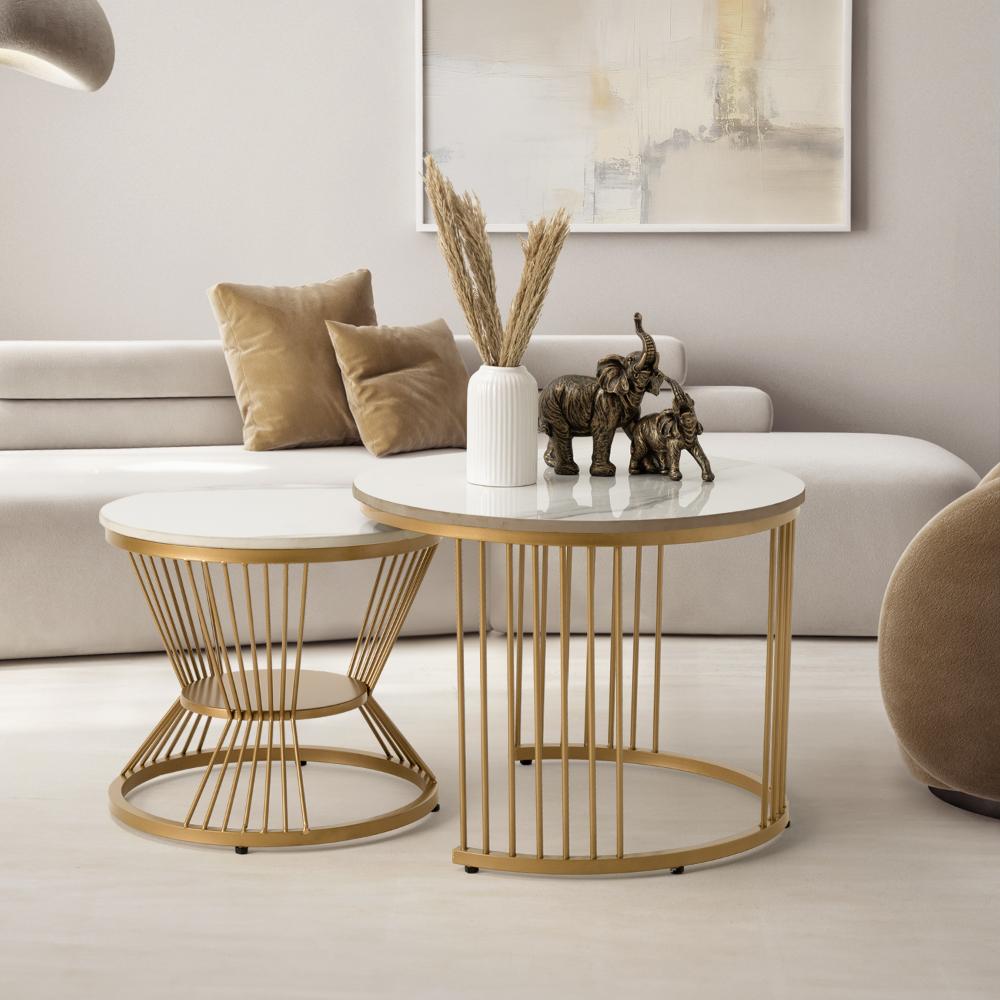 Mocha Coffee Table Marble Finished Top with Metal Base