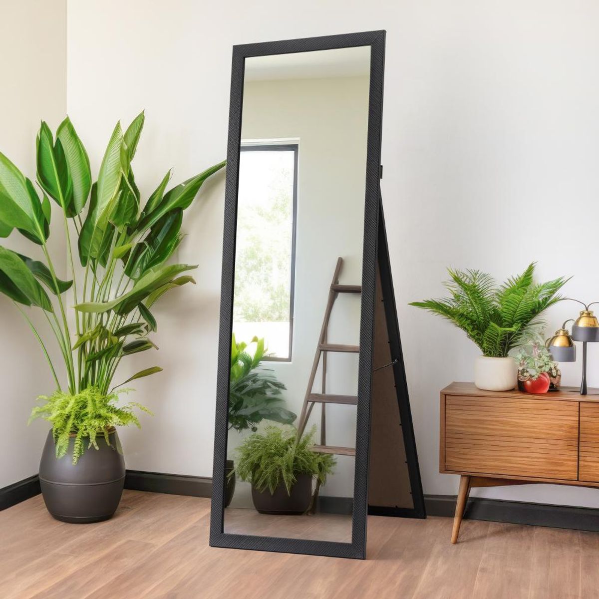 Elegant full-length mirror in a sunlit modern living room showing beautiful reflection
