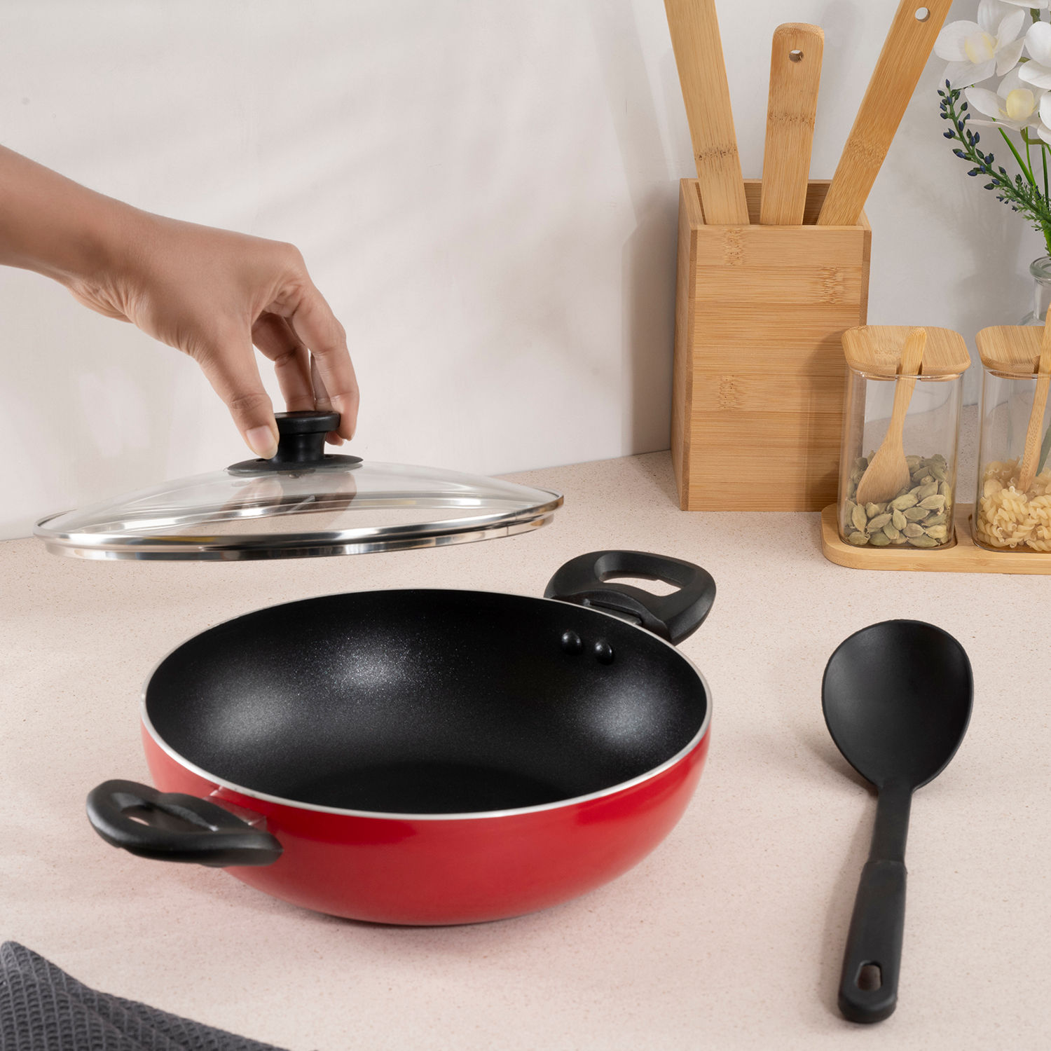 Advanced 5 layer Non-Stick Kadai with Glass Lid | 28 cm | 2.6 mm thick | PFOA & PTFE Free | Gas Compatible | Highly durable & Metal Spoon Friendly | Sturdy Handle | Free Spoon | Culantro | Red & Black