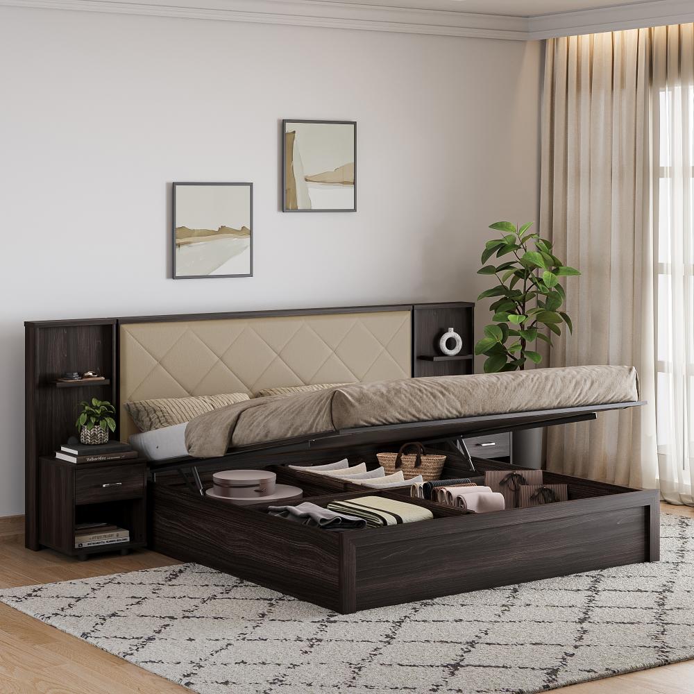 Wakefit Noctis King Storage Engineered Wood Bed With Beige Fabric Upholstered Headboard-with Hydraulic mechanism
