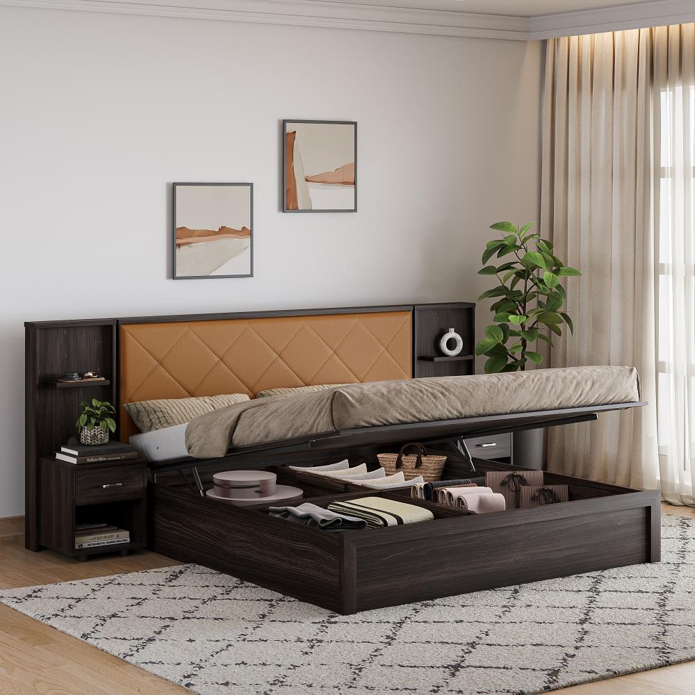 Wakefit Noctis King Storage Engineered Wood Bed With Camel Fabric Upholstered Headboard-with Hydraulic mechanism