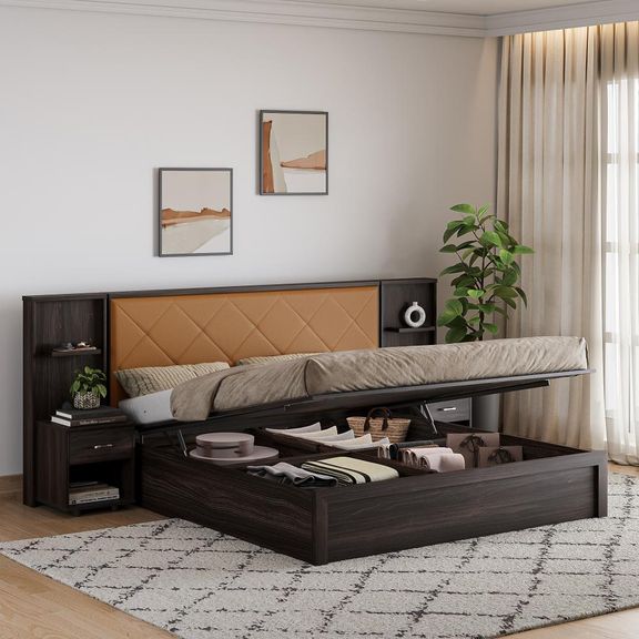  Noctis King Storage Engineered Wood Bed With Camel Fabric Upholstered Headboard-with Hydraulic mechanism