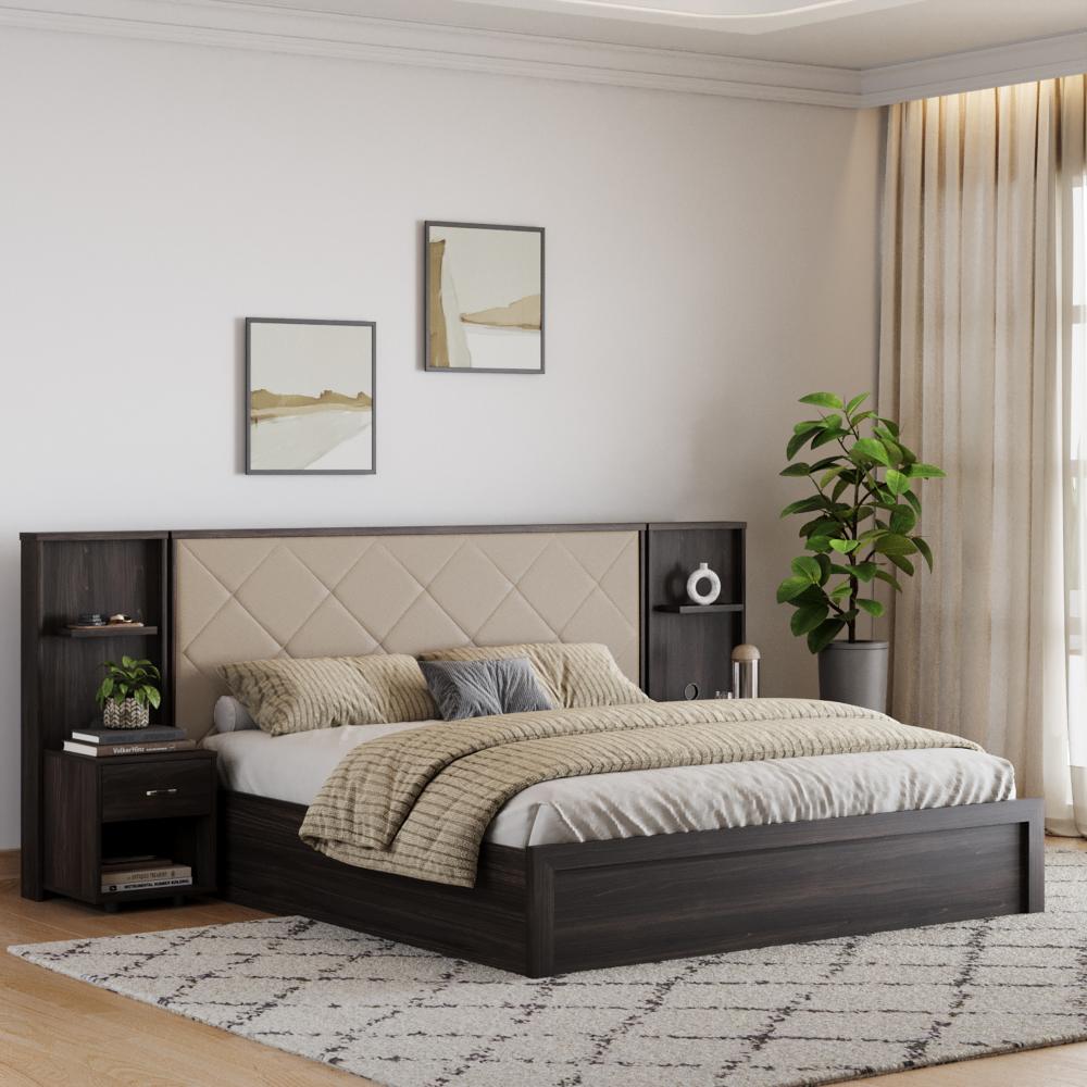 Wakefit Noctis King Storage Engineered Wood Bed With Beige Fabric Upholstered Headboard