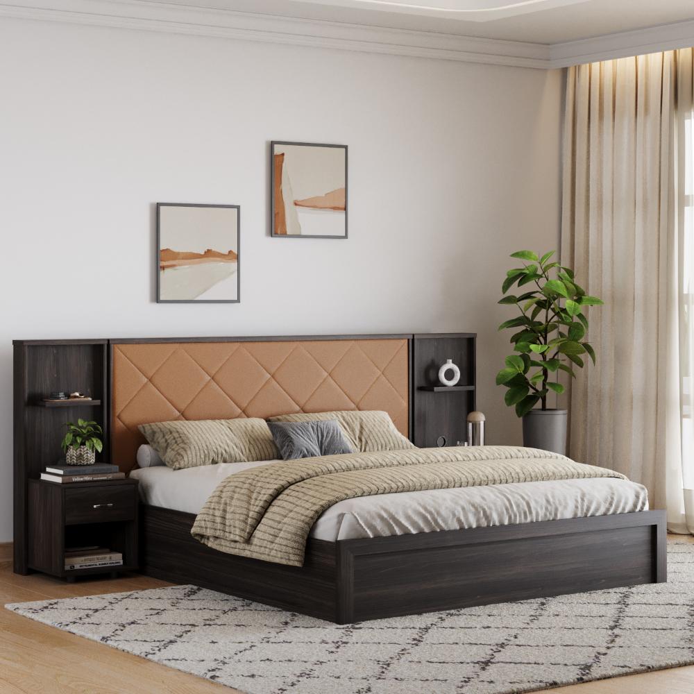 Wakefit Noctis King Storage Engineered Wood Bed With Camel Fabric Upholstered Headboard