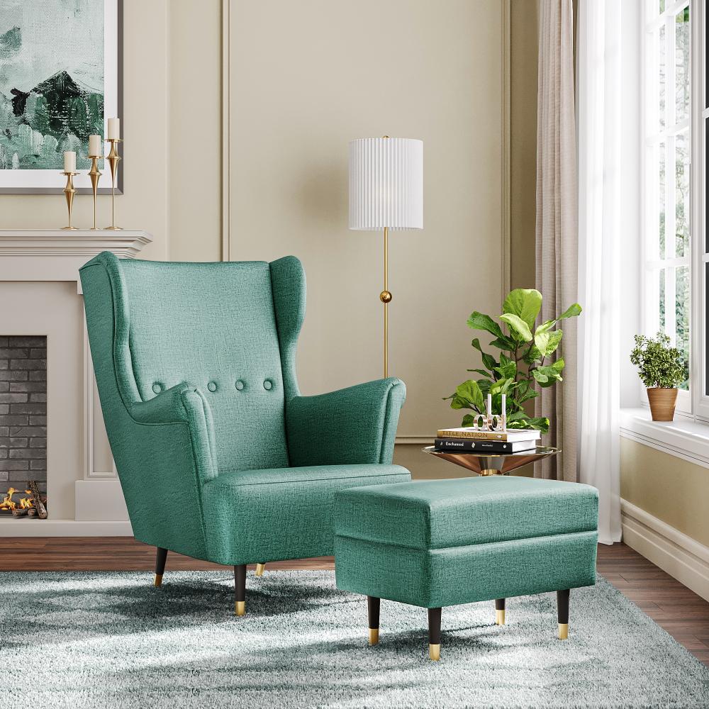 Wakefit Nicco Wing Chair + Ottoman - Aqua Blue