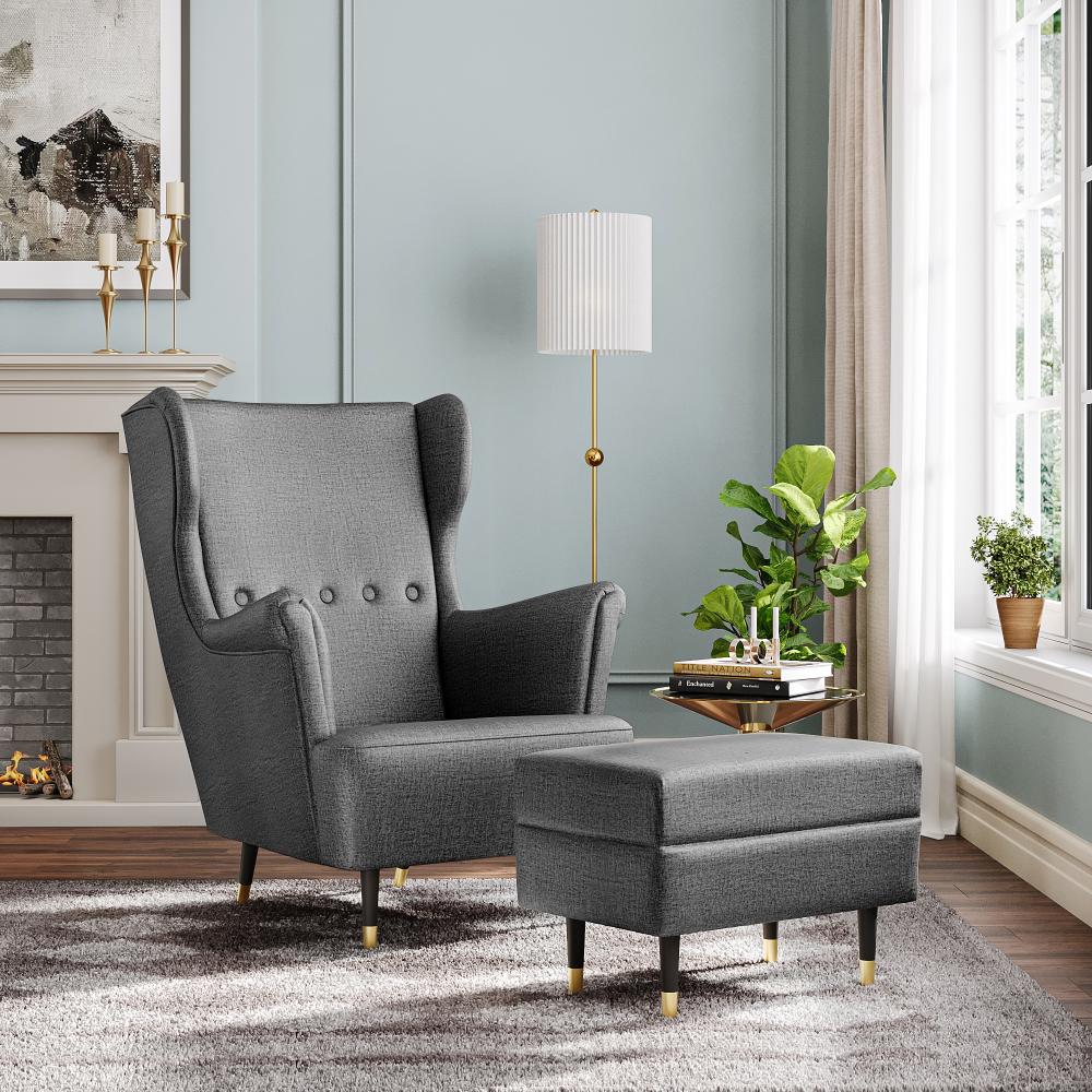 Wakefit Nicco Wing Chair + Ottoman - Charcoal Grey