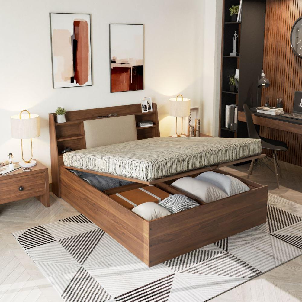 Wakefit Leo Queen Storage Engineered Wood Bed With Omega Pearl Upholstered Headboard With Hydraulic Mechanism
