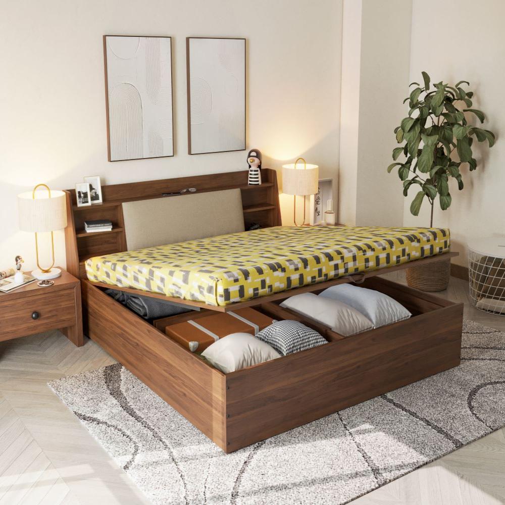 Wakefit Leo King Storage Engineered Wood Bed With Omega Pearl Upholstered Headboard With Hydraulic Mechanism