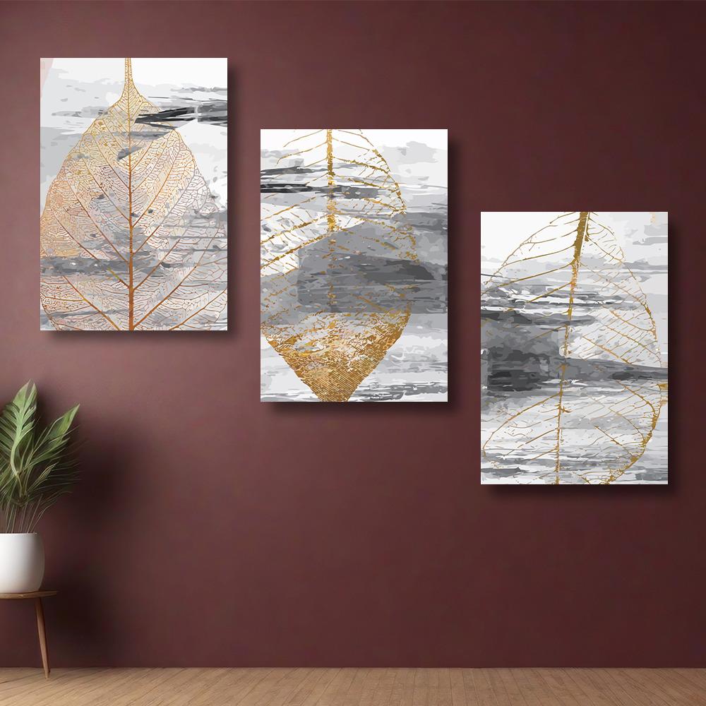 Canvas Wall Painting | 8x12 Inch | Set of 3 | For Living Room, Bedroom & Office Decor | Gifting Option | Abstract Leaves Impression