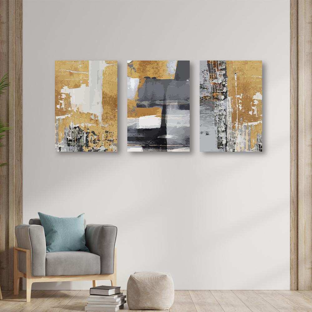 Canvas Wall Painting | 12x18 Inch | Set of 3 | For Living Room, Bedroom & Office Decor | Gifting Option | Gilded Abstraction Trio