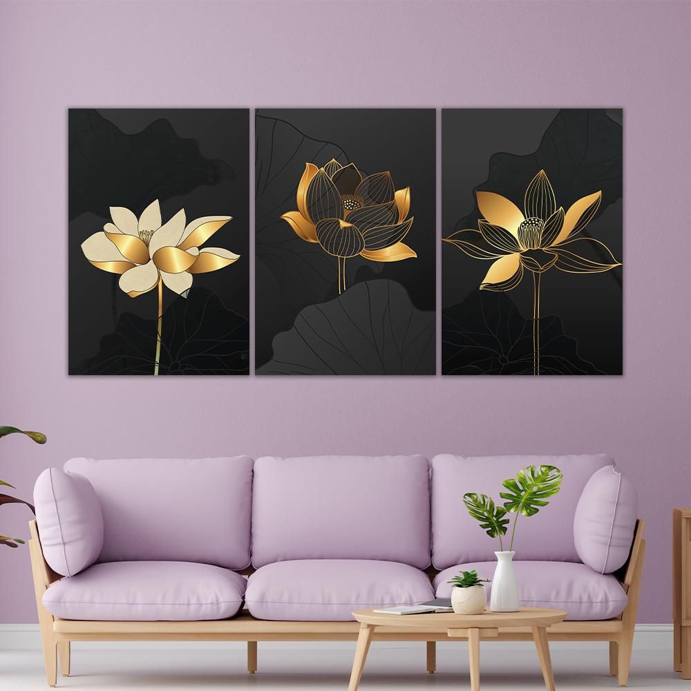 Canvas Wall Painting | 13x19 Inch | Set of 3 | For Living Room, Bedroom & Office Decor | Gifting Option | Midnight Blossoms Trio