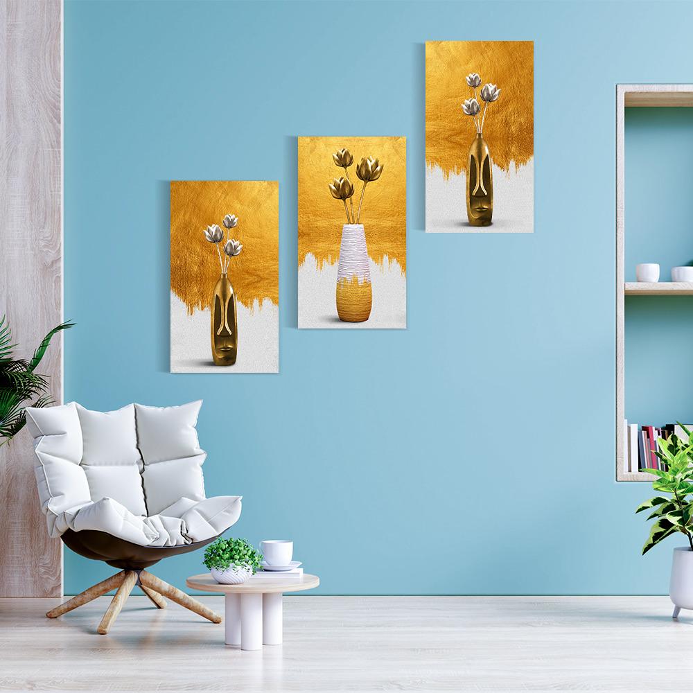 Canvas Wall Painting | 10x18 Inch | Set of 3 | For Living Room, Bedroom & Office Decor | Gifting Option | Metallic Floral Trio