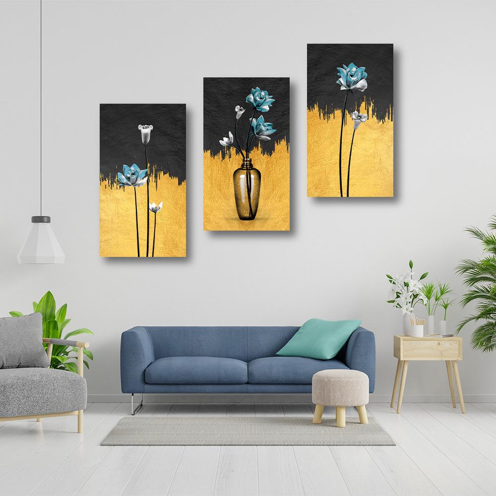 Canvas Wall Painting | 6x12 Inch | Set of 3 | For Living Room, Bedroom & Office Decor | Gifting Option | Turquoise Blosom