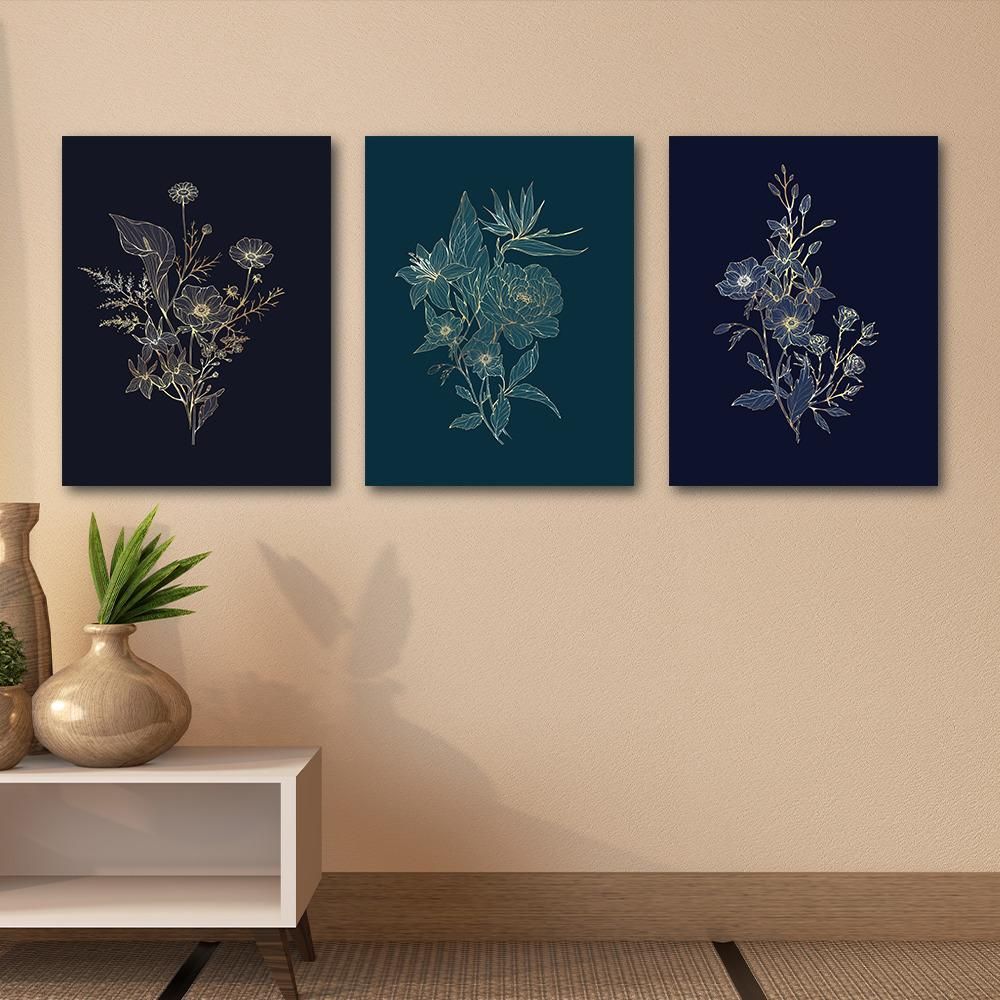 Canvas Wall Painting | 6x8 Inch | Set of 3 | For Living Room, Bedroom & Office Decor | Gifting Option | Whimsical Wildflowers Trio