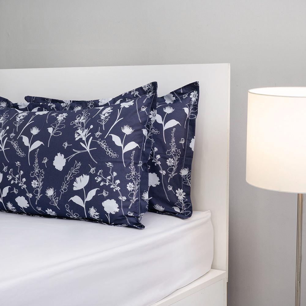 100% Cotton Pillow Cover | Standard Size 27x18 Inch | Set Of 2 | 144 TC | White & Blue - Evelyn