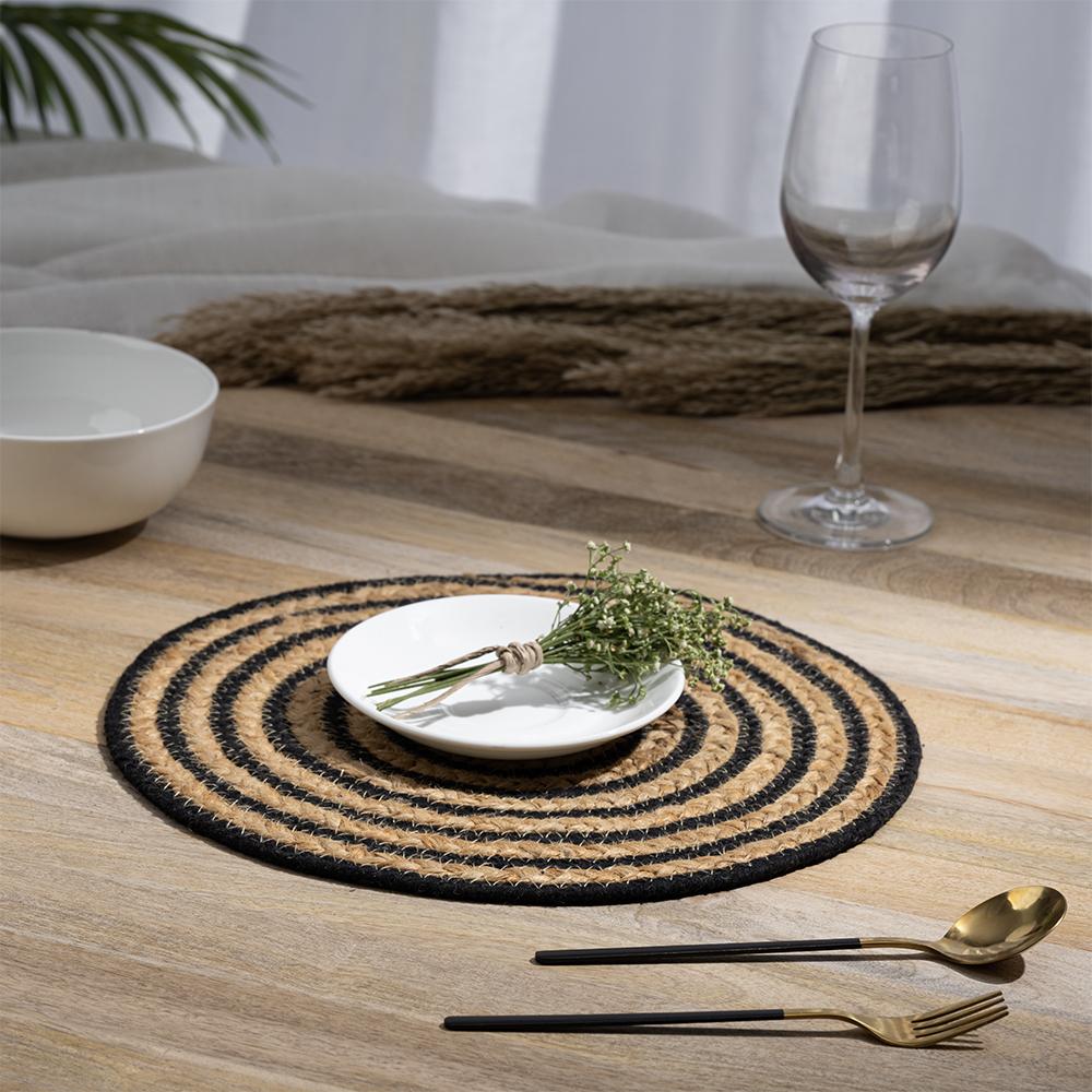 Wakefit Pinwheel Black, Round Jute Dining Table Placemat - Set of 4