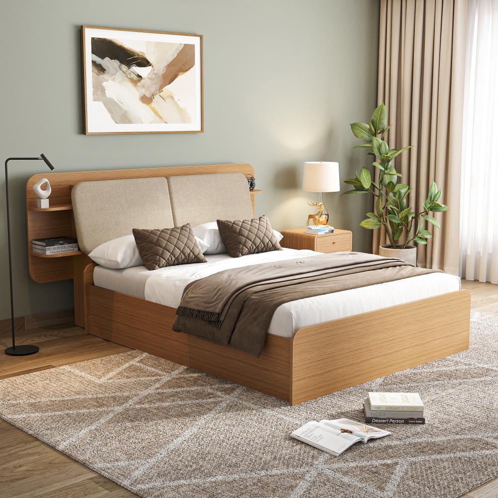 Wakefit Scandi Queen bed with Storage Bed Reflection White Fabric