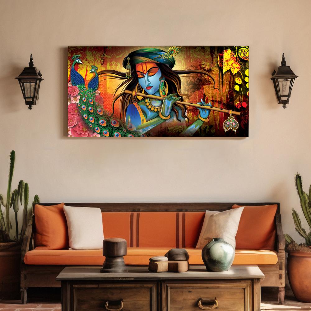 Canvas Wall Painting | 49x25 Inch | Set of 1 | For Living Room, Bedroom & Office Decor | Gifting Option | Krishna in Vrindavan