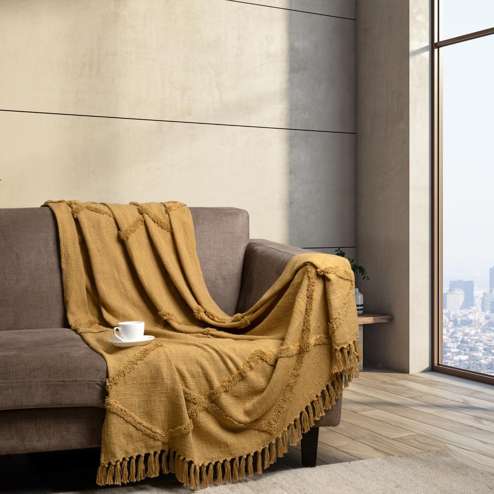 100% Cotton Decorative Throw for Sofa & Chair with Tassels | Soft & Lightweight | Machine Washable | Honey yellow 50x 60 inches | Pack of 1