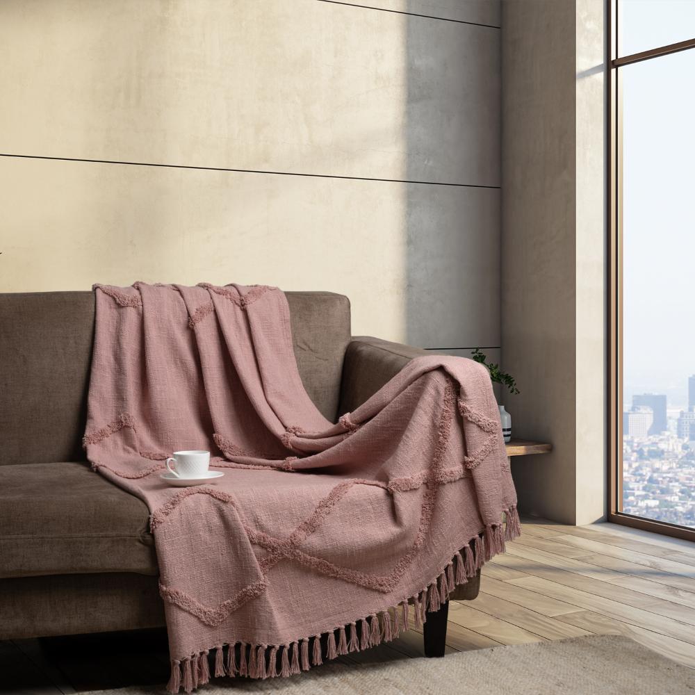 100% Cotton Decorative Throw for Sofa & Chair with Tassels | Soft & Lightweight | Machine Washable | Mellow Rose 50x 60 inches | Pack of 1