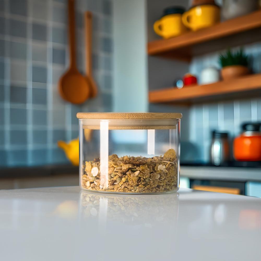 Round Glass Storage Jar with Airtight Bamboo Lid | 525 ml | Clear Glass Food Storage Container | Stackable Kitchen Canister for Coffee Candy Cookie Sugar Flour Pasta Nuts and Spice | Burnet