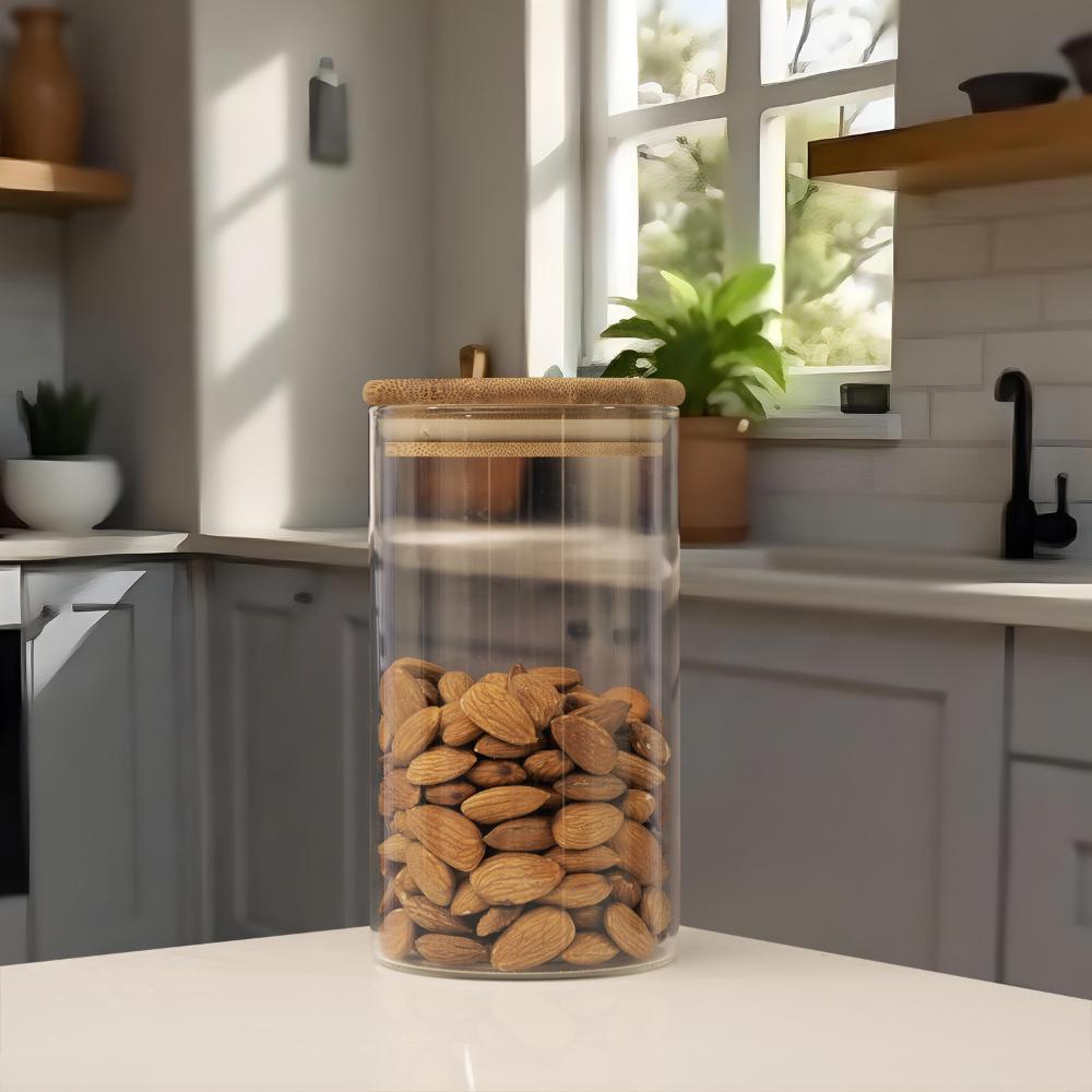 Round Glass Storage Jar with Airtight Bamboo Lid | 750 ml | Clear Glass Food Storage Container | Stackable Kitchen Canister for Coffee Candy Cookie Sugar Flour Pasta Nuts and Spice | Burnet