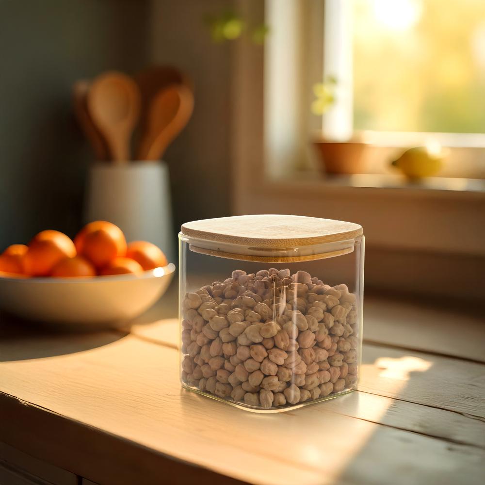 Square Glass Storage Jar with Airtight Bamboo Lid | 750 ml | Clear Glass Food Storage Container | Stackable Kitchen Canister for Coffee Candy Cookie Sugar Flour Pasta Nuts and Spice | Cicely