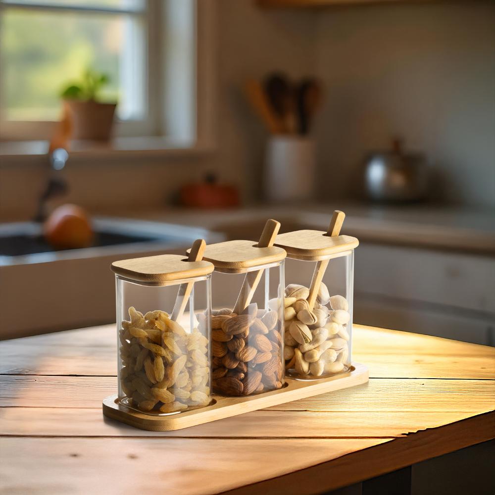 Set of 3 Glass Food Storage | Airtight Wooden Lid with base and spoon | 200 ml | Container with lid for Tea Coffee & Sugar | Dry Fruit Jars | Set of 3 Storage Box | Hyssop