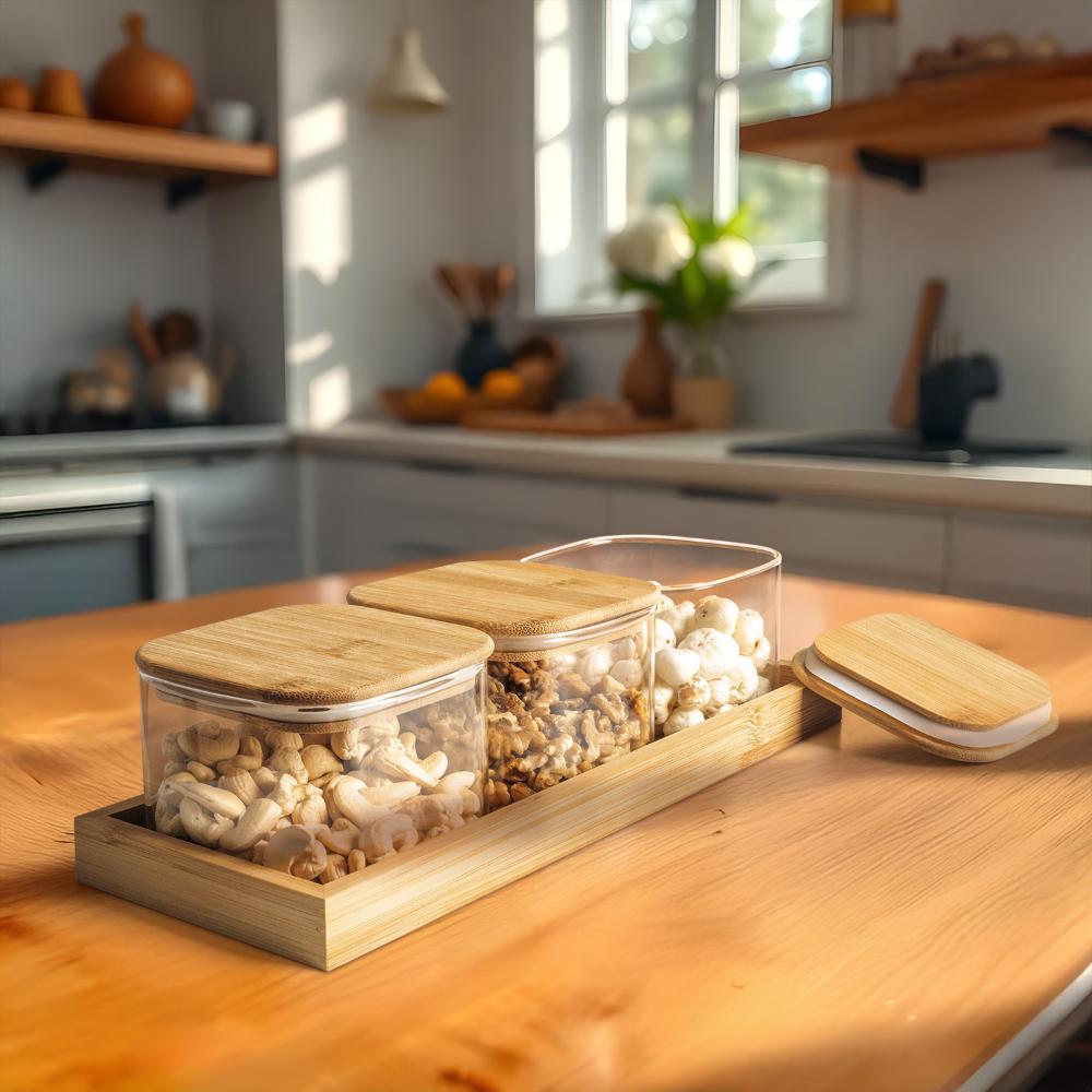 Set of 3 Glass Food Storage | Airtight Wooden Lid & Base | 500 ml | Containers for Kitchen Storage | Container with lid for Tea Coffee & Sugar | Dry Fruit Jars | Set of 3 Storage Box | Hyssop