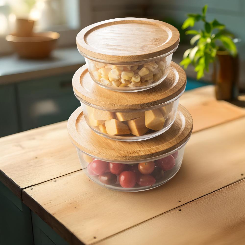 Borosilicate Round Glass Containers with wooden Lid | Set of 3 | 250 ml, 500 ml & 750 ml | Nested | Transparent and Refrigerator Safe | Pasilla