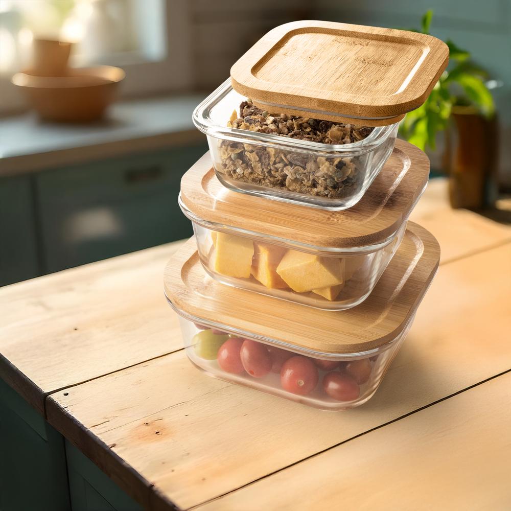 Borosilicate Square Glass Containers with wooden Lid | Set of 3 | 250 ml, 400 ml & 600 ml | Airtight and Leakproof | Microwave and Refrigerator Safe | Nested | Transparent | Pasilla