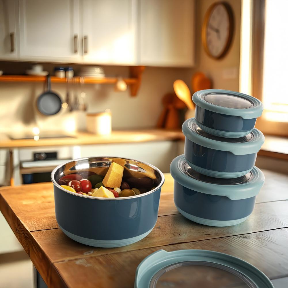 Set of 4 plastic Conainers With Lid | Airtight Tiffin Box | 150 ml, 300 ml, 500 ml & 950 ml | Dishwasher Safe | Leak Proof | Perfect for Leftovers & Food Storage | Blue | Pasilla
