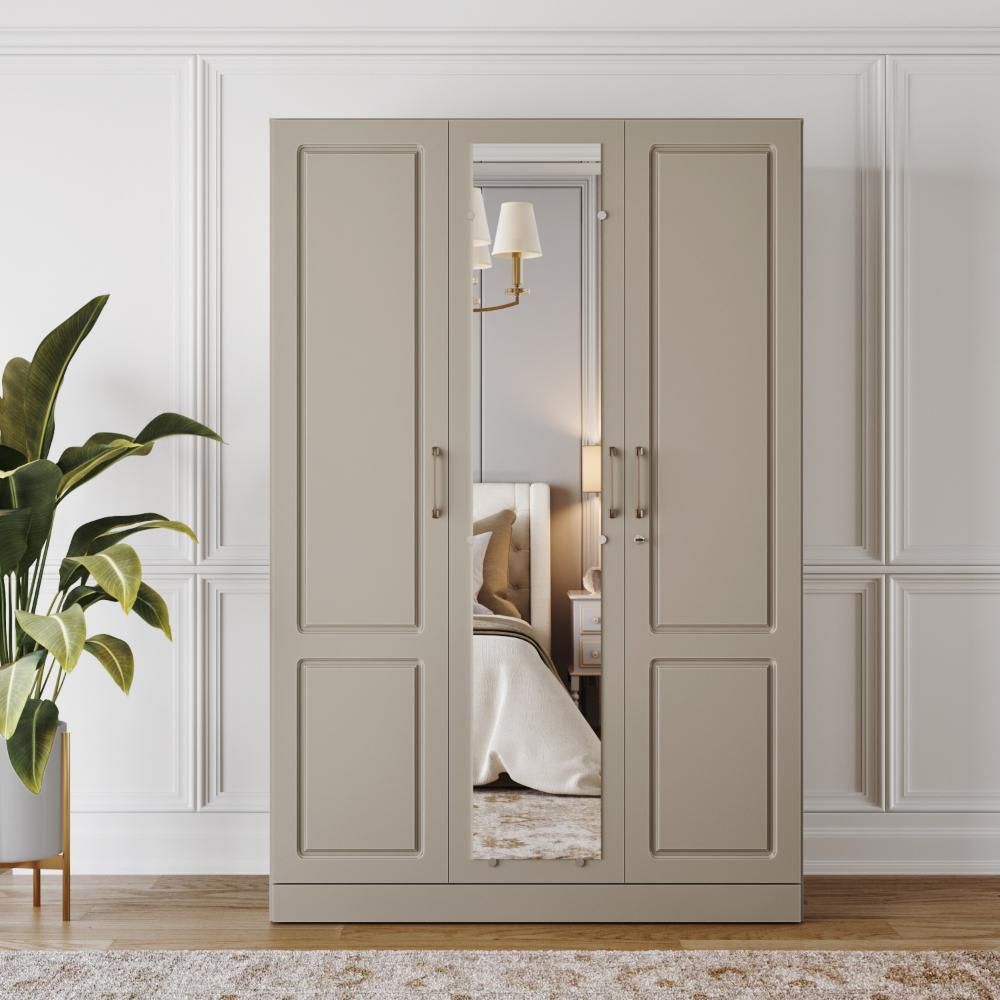 Wakefit Tyrian Plus 3 Door with 4 Shelves 2 Drawers 2 Hanging Areas 1 Mirror SH1-Carcass Pumic Grey Shutter Creamy Brown
