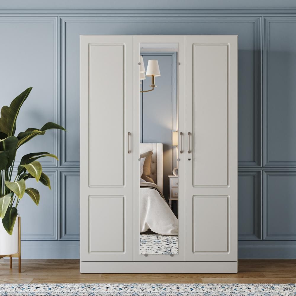 Wakefit Tyrian Plus 3 Door with 4 Shelves 2 Drawers 2 Hanging Areas 1 Mirror SH1-Carcass Pumic Grey Shutter Light Grey
